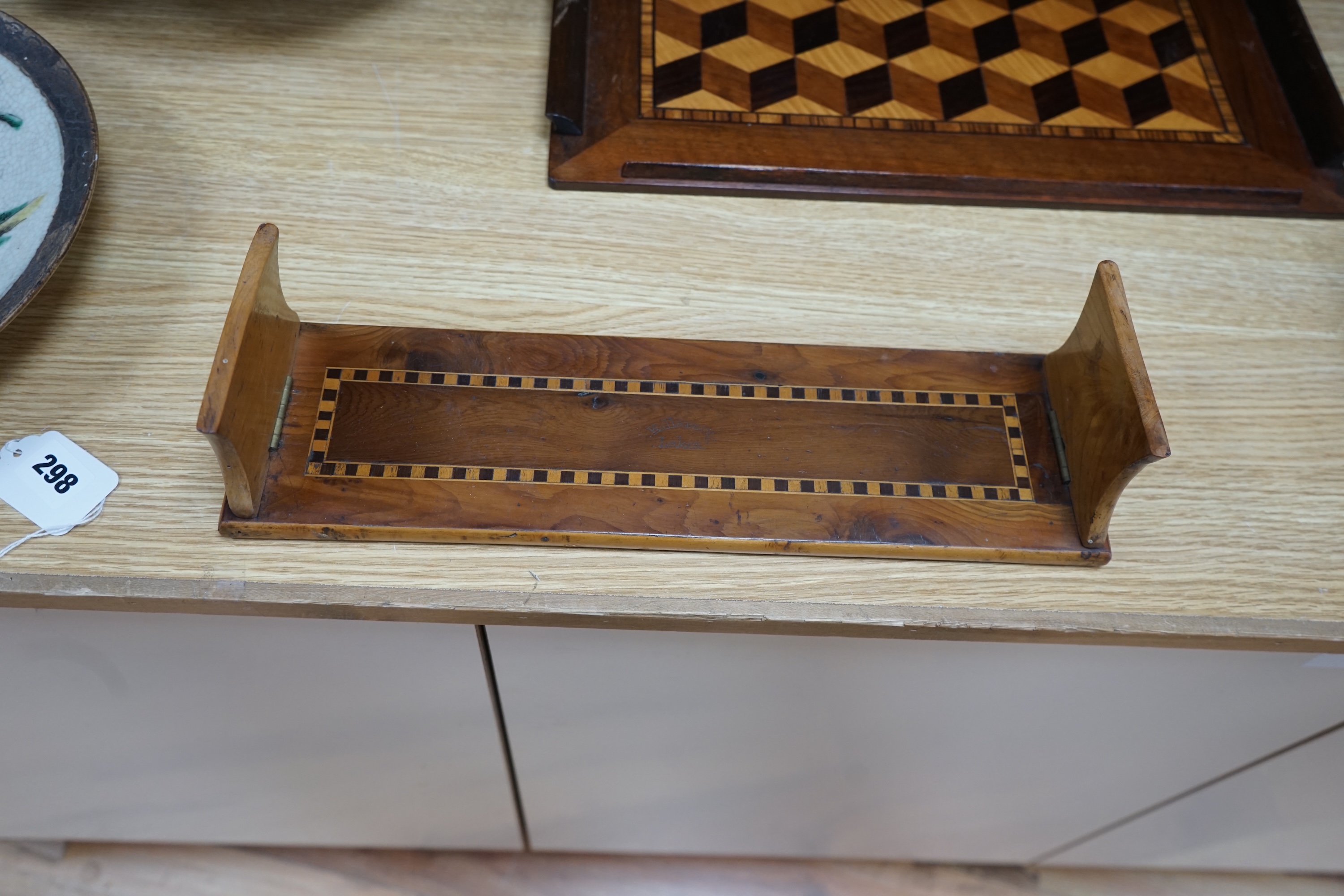 A specimen wood marquetry 'sunray' box, a marquetry tray and a Killarney yew wood bookrest, largest piece 46cm wide. Condition - some scuffs, otherwise good